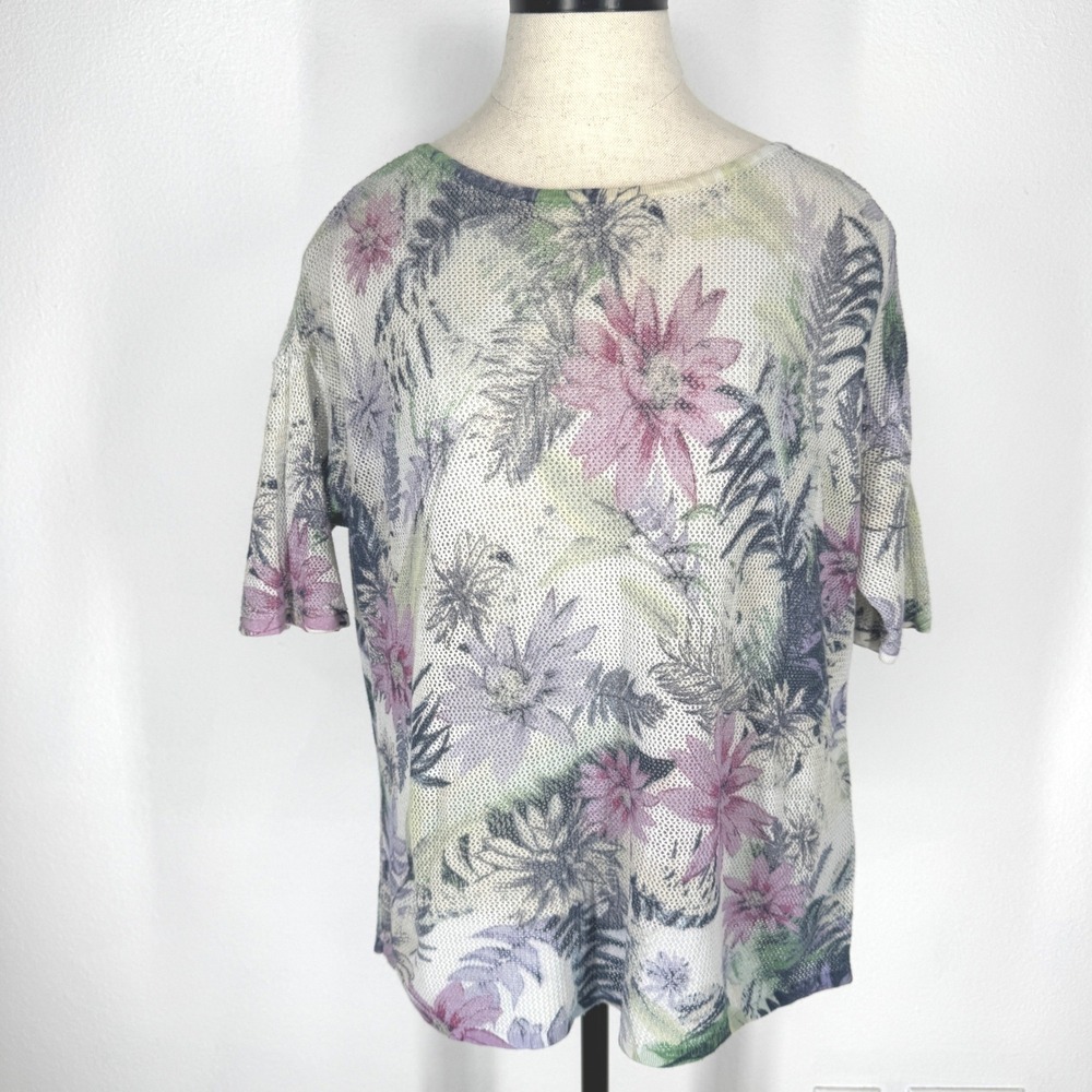 J Jill Linen Blend Boho Floral Open Knit Top Womens Medium Cottagecore Oversized